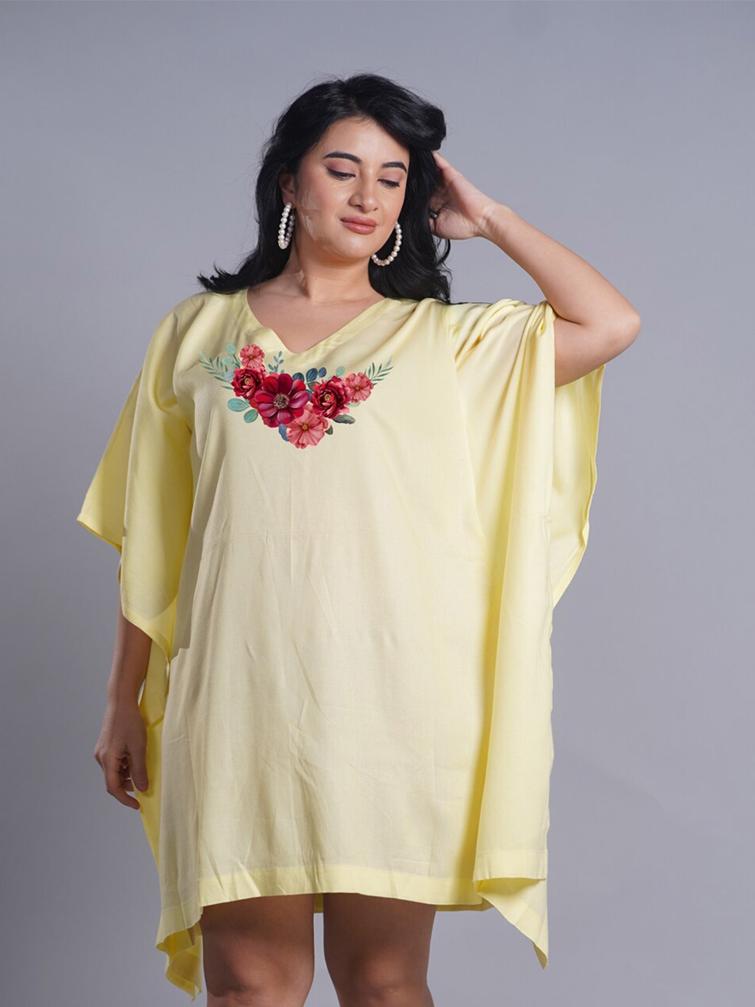 

LetsDressUp Floral Printed Curved Extended Sleeves Kaftan Dress, Lime green