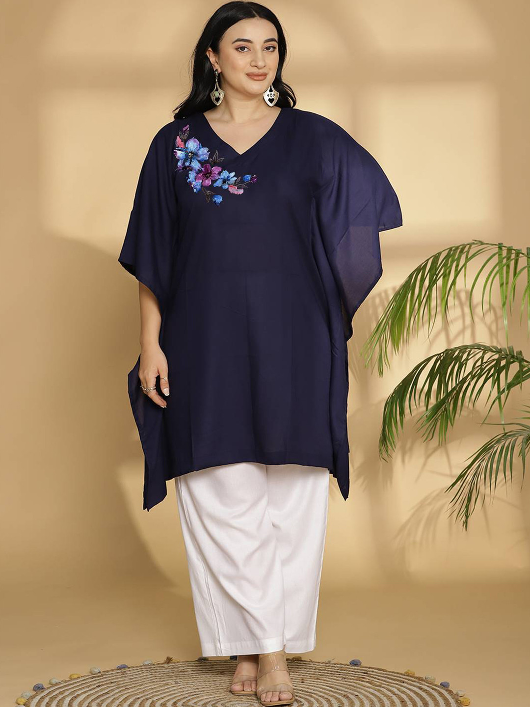 

LetsDressUp Floral Printed Extended Sleeves V-Neck Regular Kaftan Kurti, Navy blue