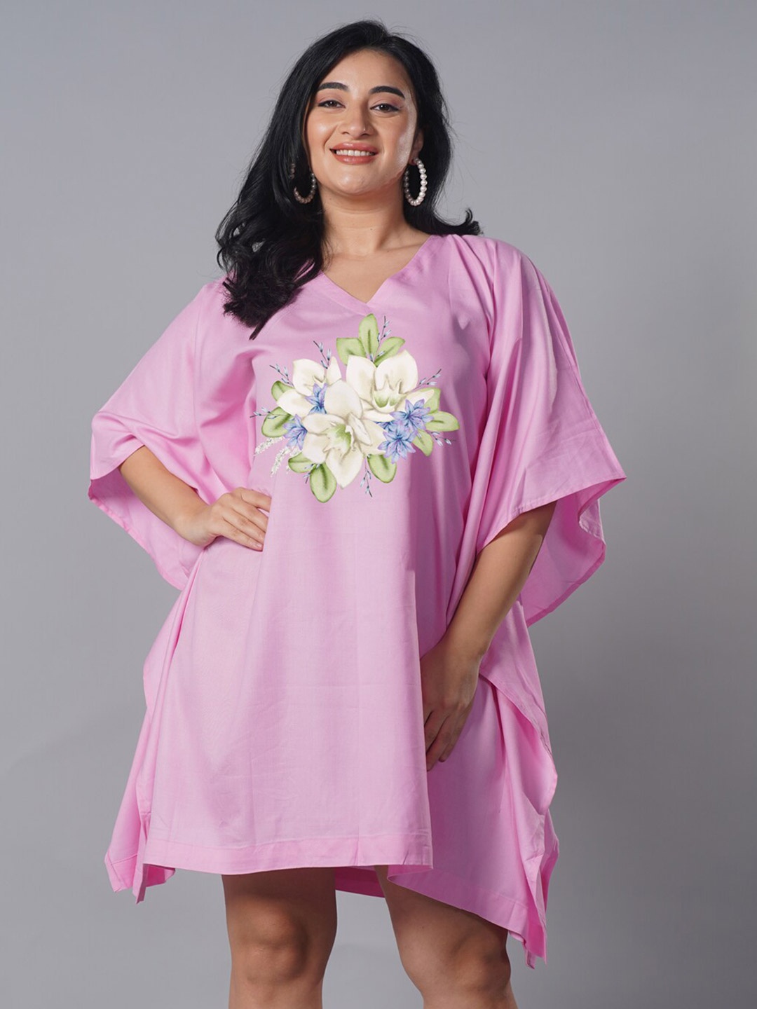 

LetsDressUp Floral Printed Curved Kimono Sleeves Kaftan Dress, Pink
