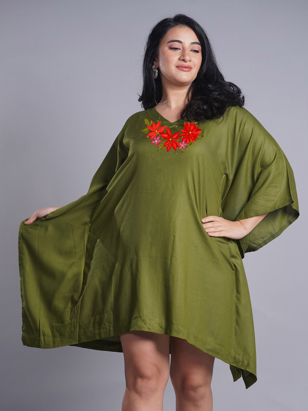

LetsDressUp Floral Printed Curved Kimono Sleeves Kaftan Dress, Green