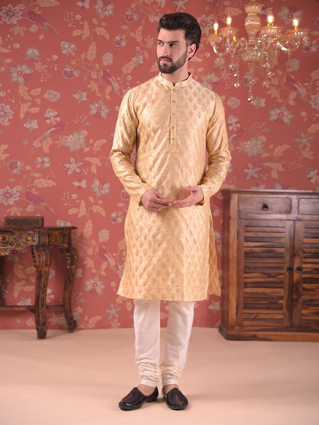 

House of Pataudi Woven Design Straight Kurta With Churidar, Off white