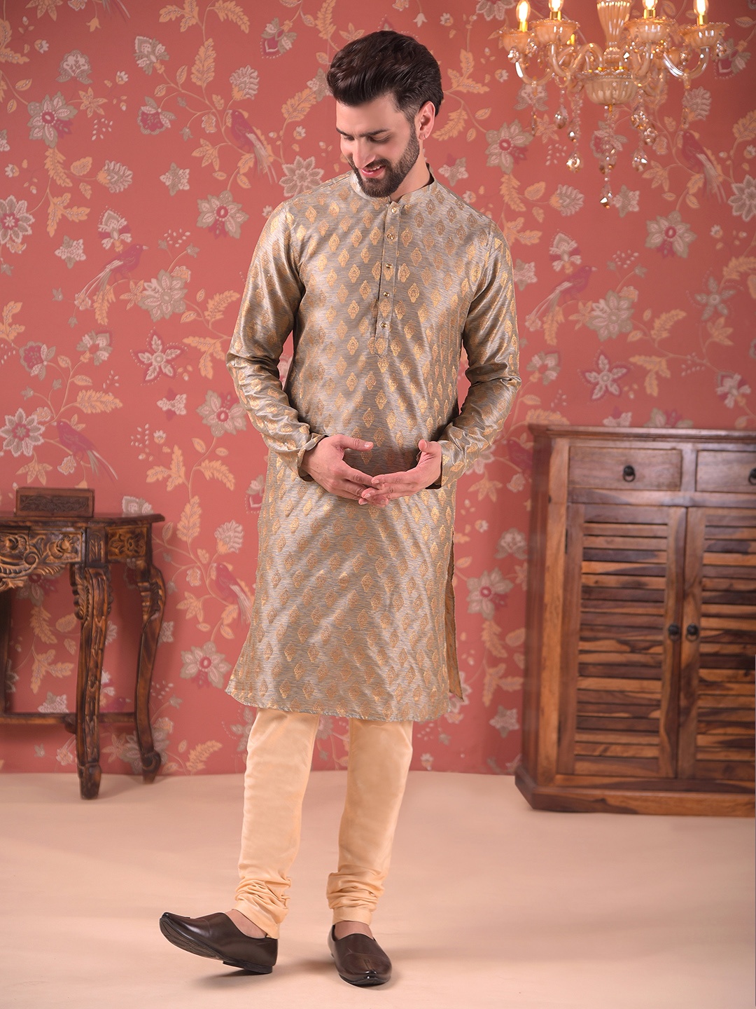 

House of Pataudi Mandarin Collar Woven Design Straight Kurta With Churidar, Grey