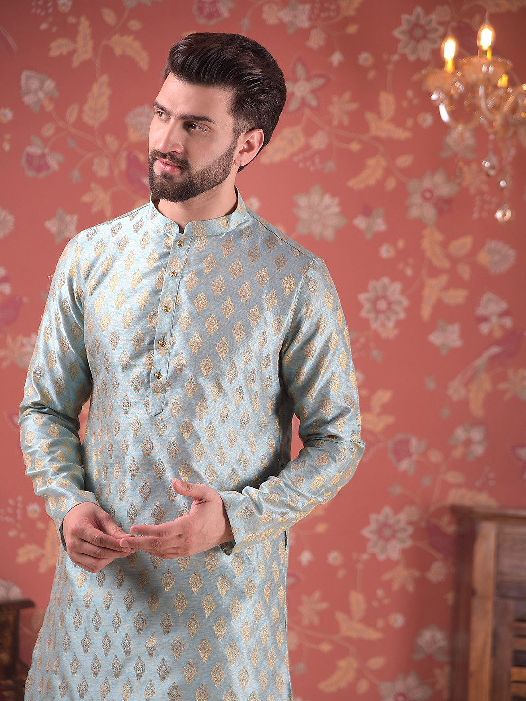 

House of Pataudi Woven Design Jacquard Silk Straight Kurta With Churidar, Blue