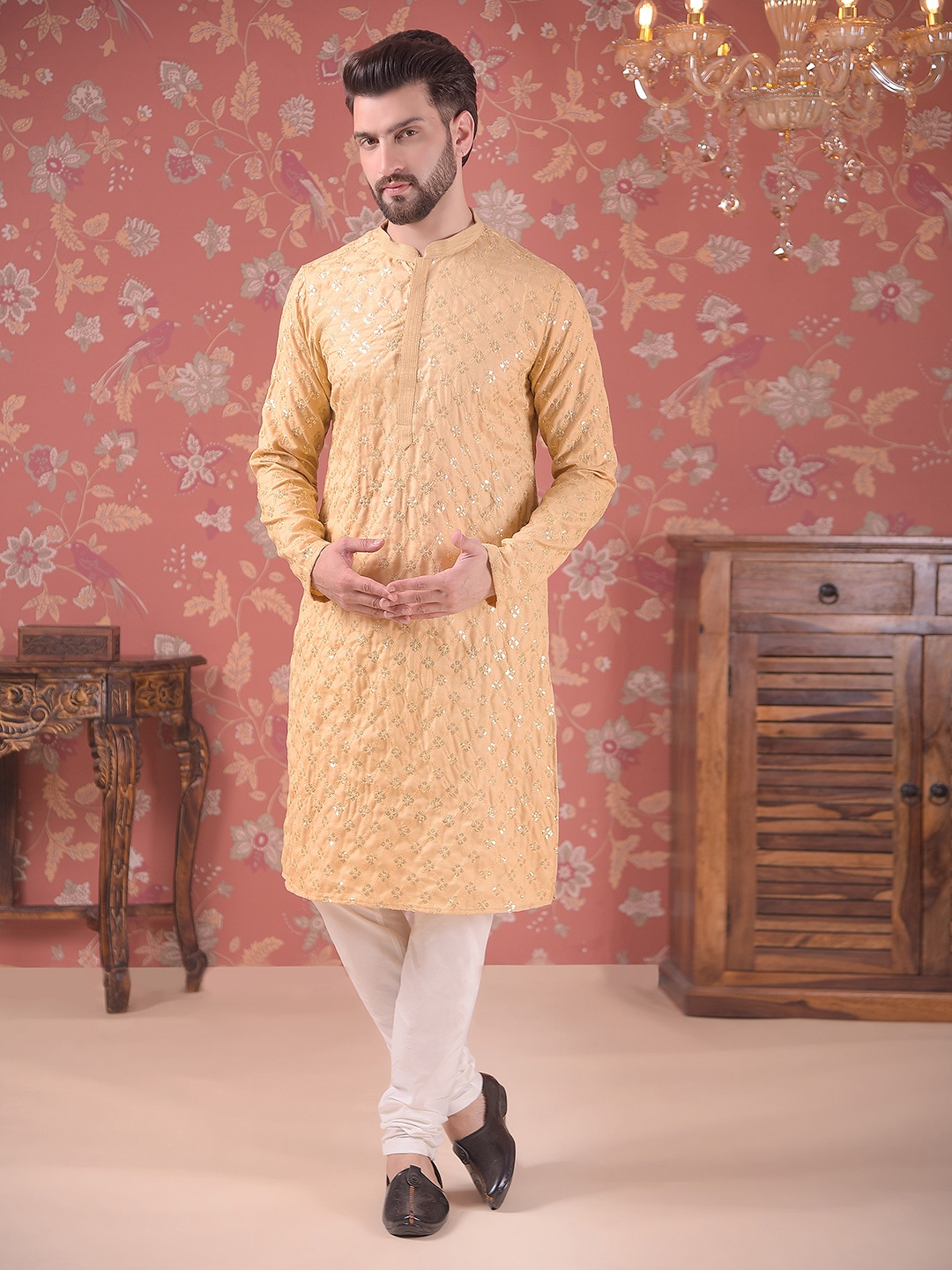 

House of Pataudi Mandarin Collar Embroidered Straight Kurta With Churidar Set, Orange