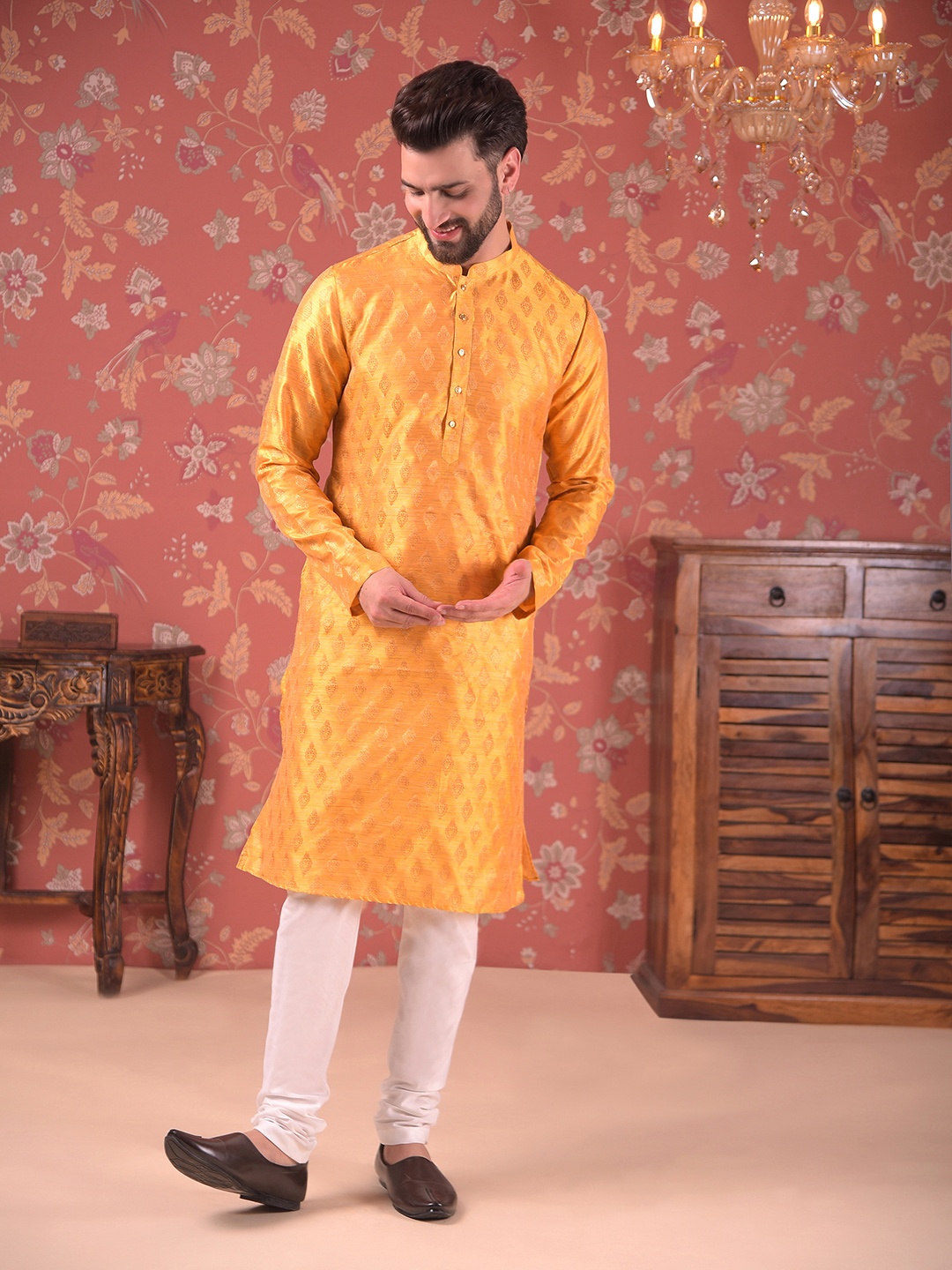 

House of Pataudi Woven Designed Jacquard Silk Straight Kurta With Churidar, Yellow