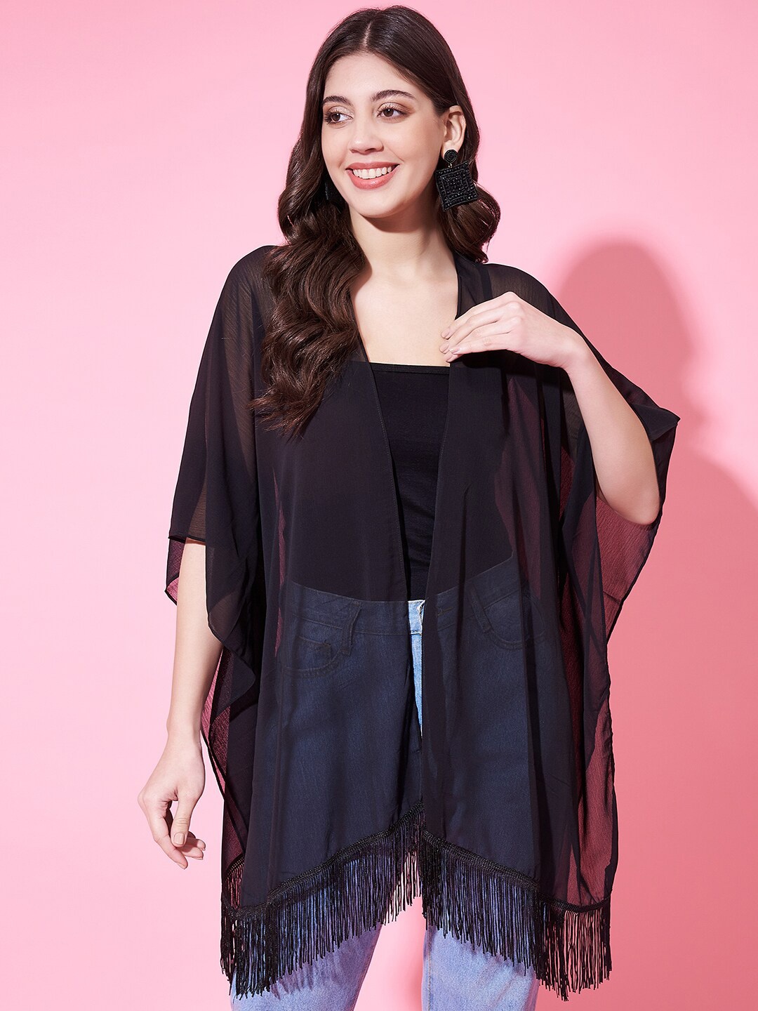 

Fbella Three-Quarter Sleeves Chiffon Open Front Shrug, Black