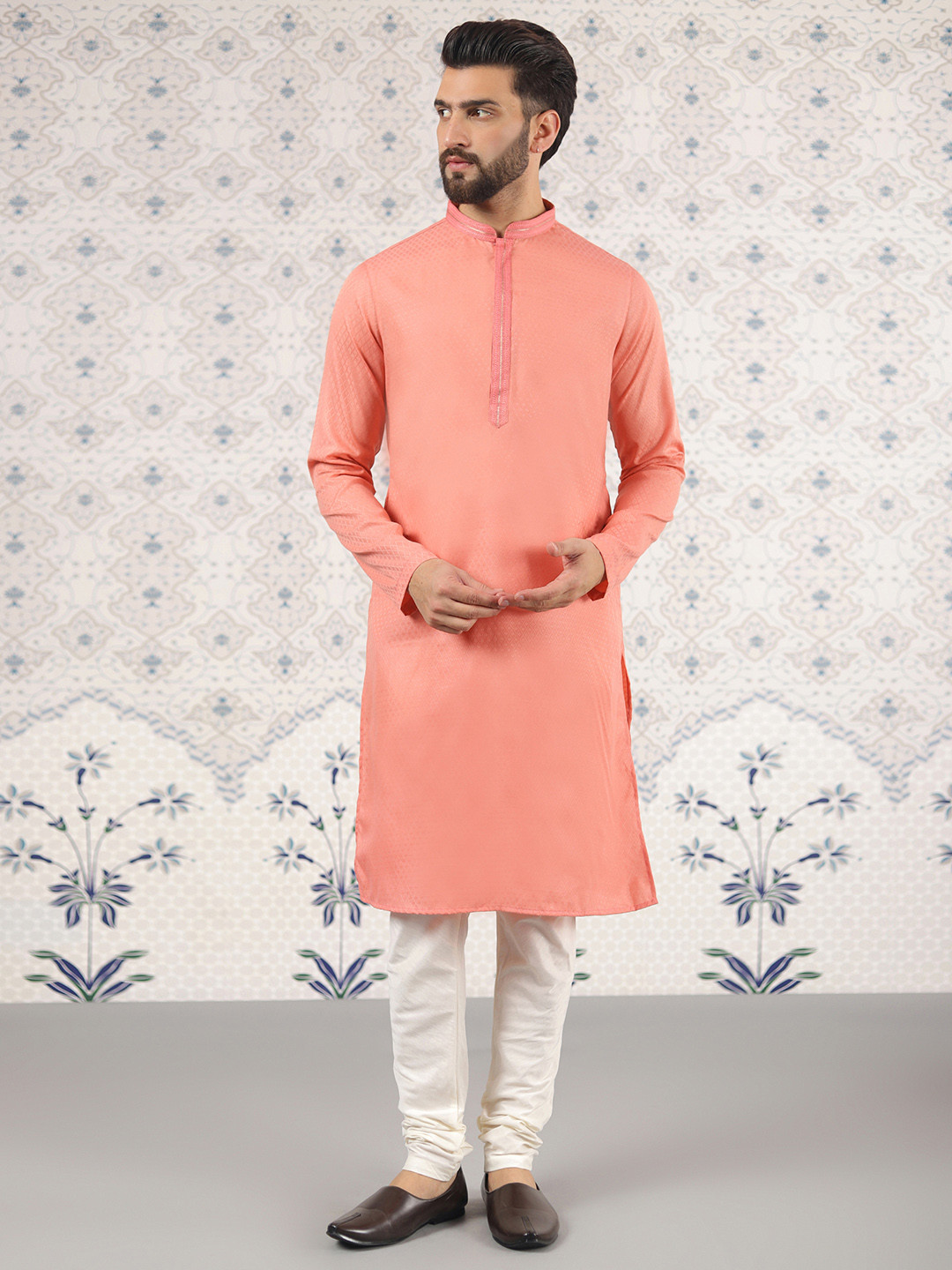 

Ode by House of Pataudi Woven Design Mandarin Collar Straight Kurta with Churidar Pant, Peach