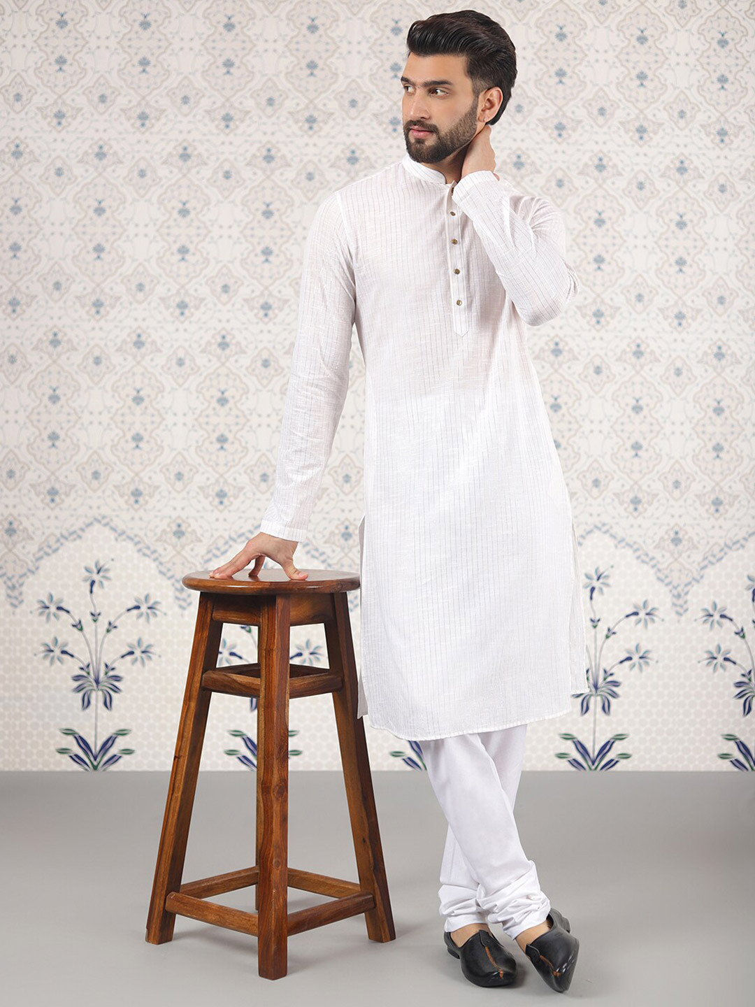 

Ode by House of Pataudi Striped Woven Design Regular Cotton Jackquard Kurta With Churidar, Off white