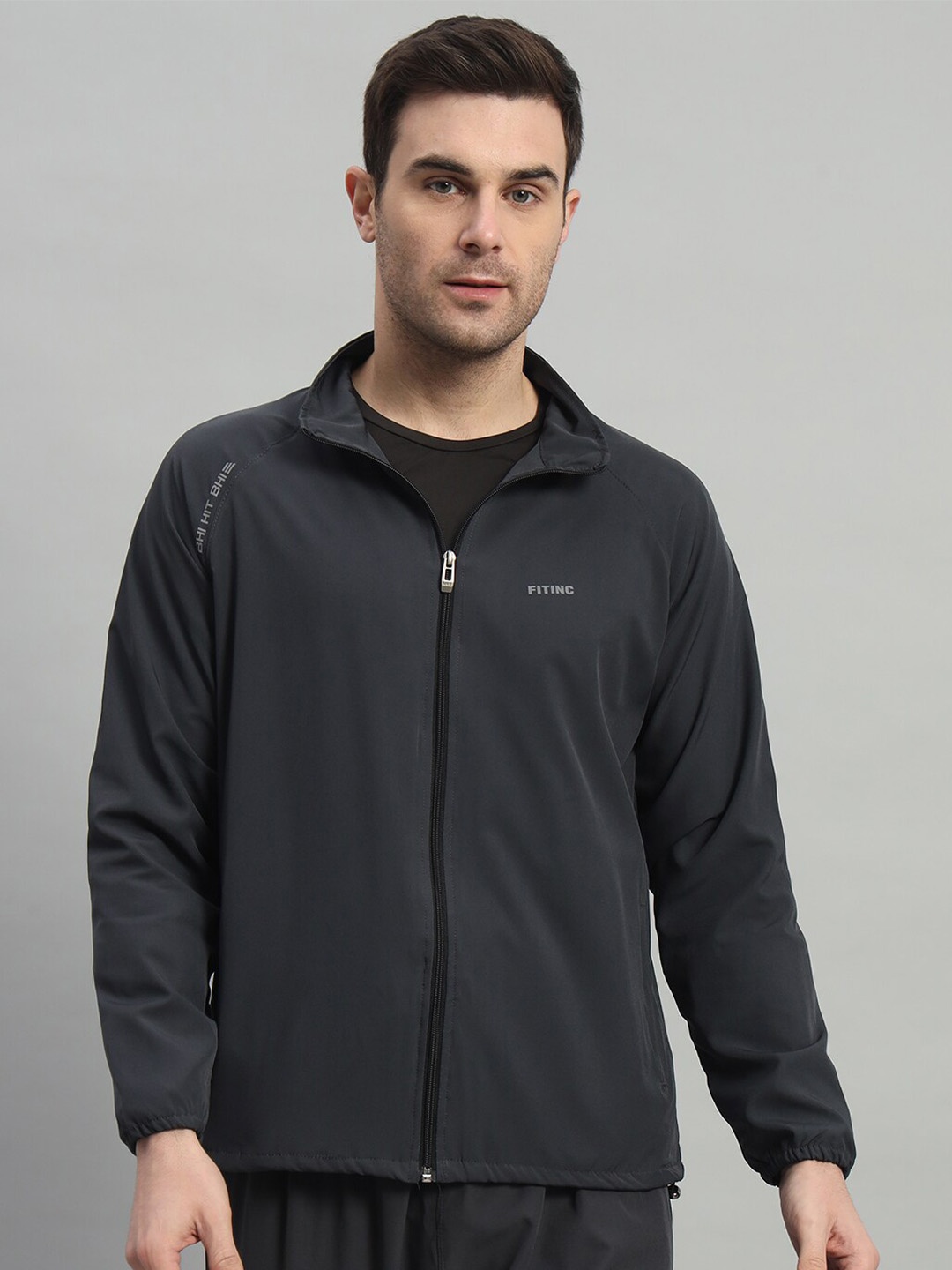 FITINC Rapid-Dry Stand Collar Lightweight Training or Gym Sporty Jacket, Charcoal
