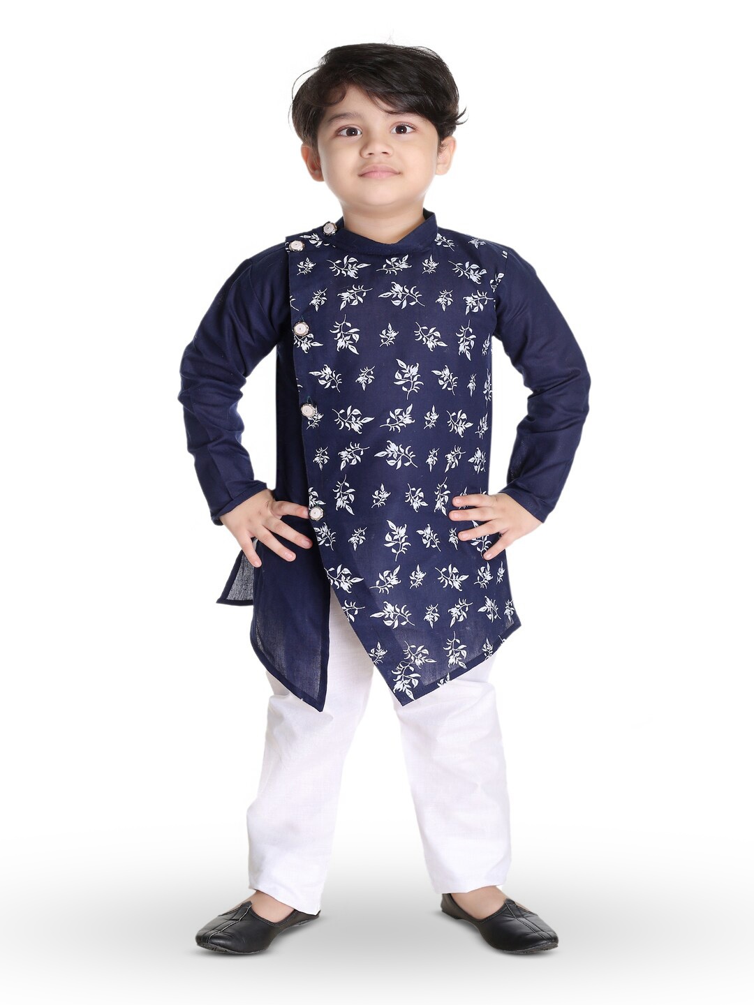 

BAESD Boys Floral Printed Mandarin Collar Pure Cotton Kurta With Pyjama, Navy blue