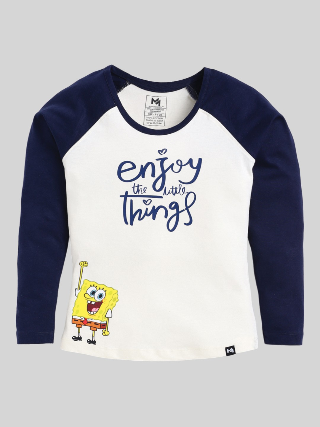 

Minute Mirth Girls Sponge Bob and Typography Printed Raglan Sleeves Cotton Tshirt, Navy blue