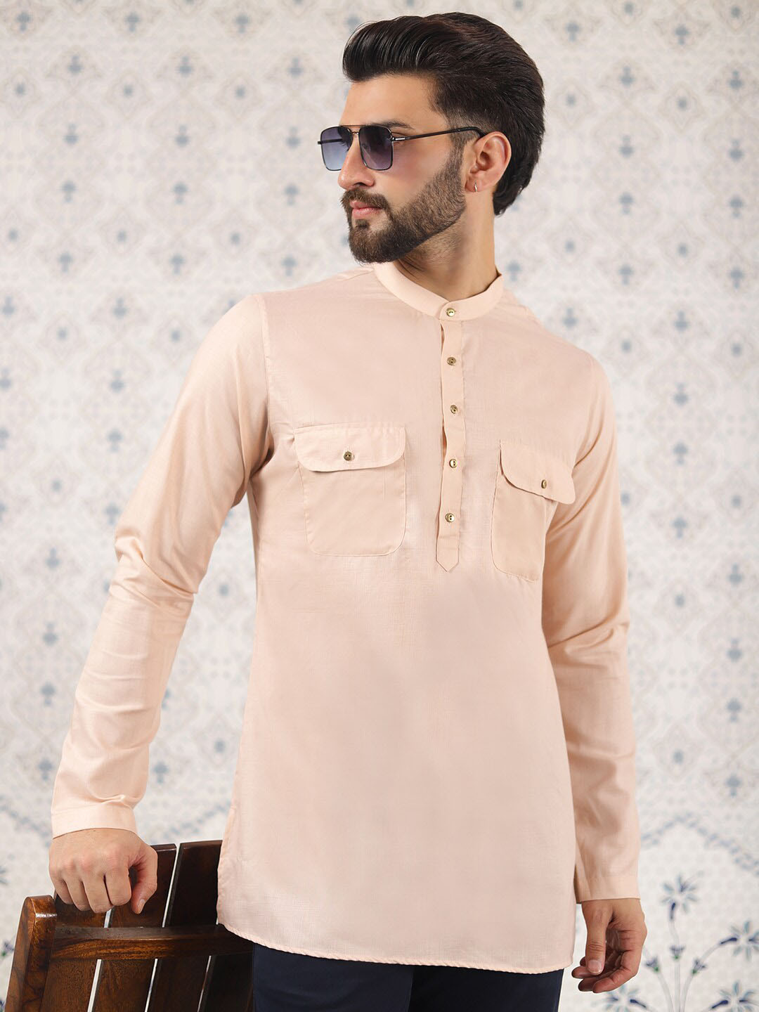 

Ode by House of Pataudi Band Collar Cotton Silk Straight Kurta, Peach