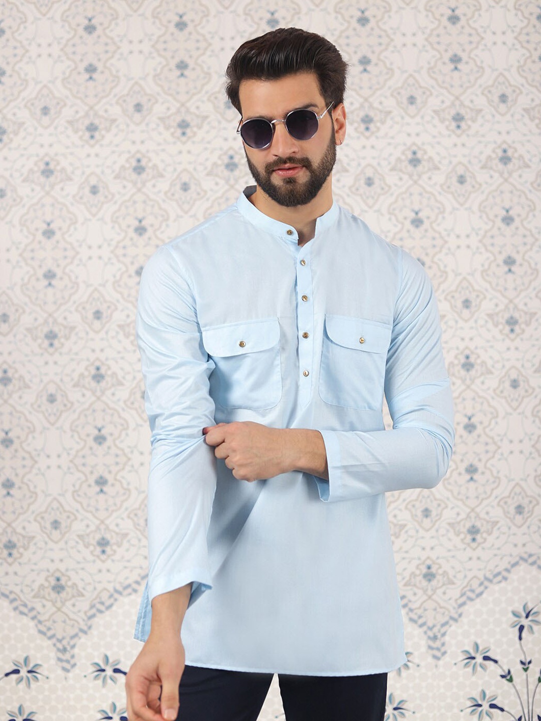 

Ode by House of Pataudi Blue Band Collar Long Sleeves Cotton Silk Straight Kurta