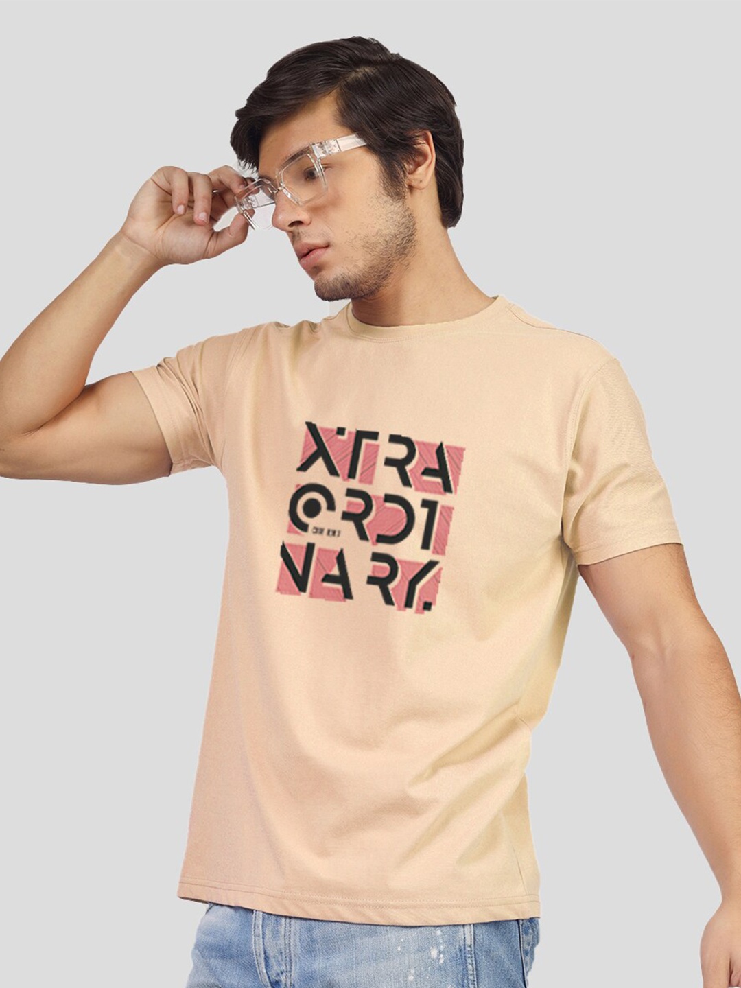 

Greylongg Typography Printed Applique Cotton T-shirt, Beige