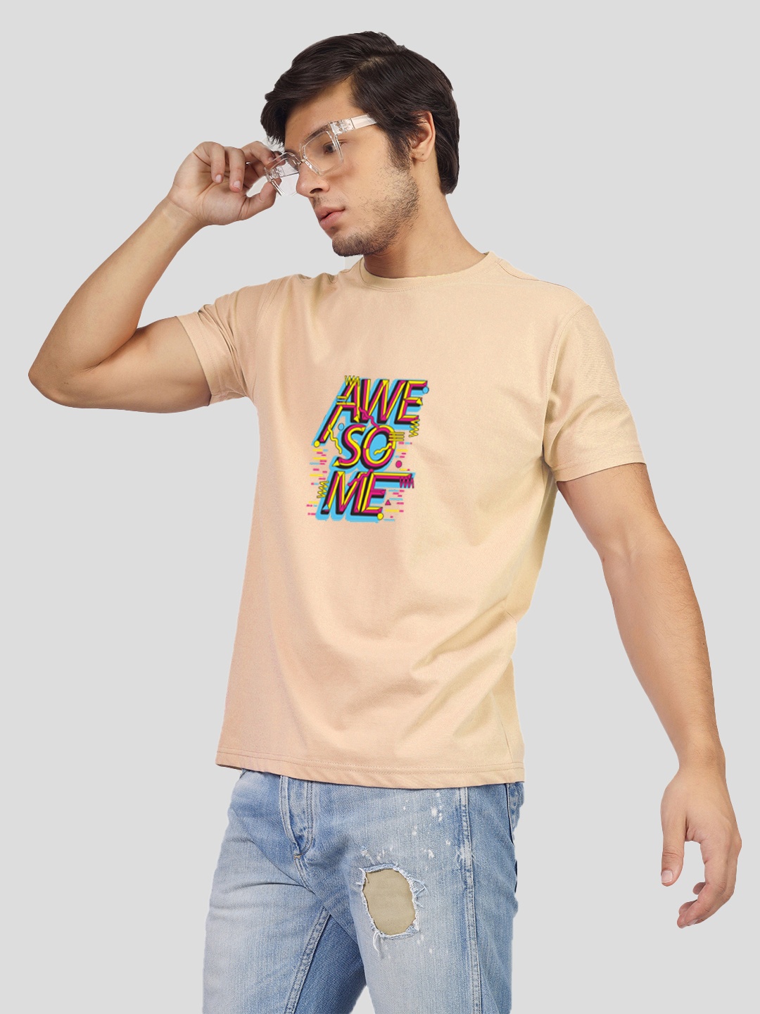 

Greylongg Typography Printed Casual T-shirt, Beige