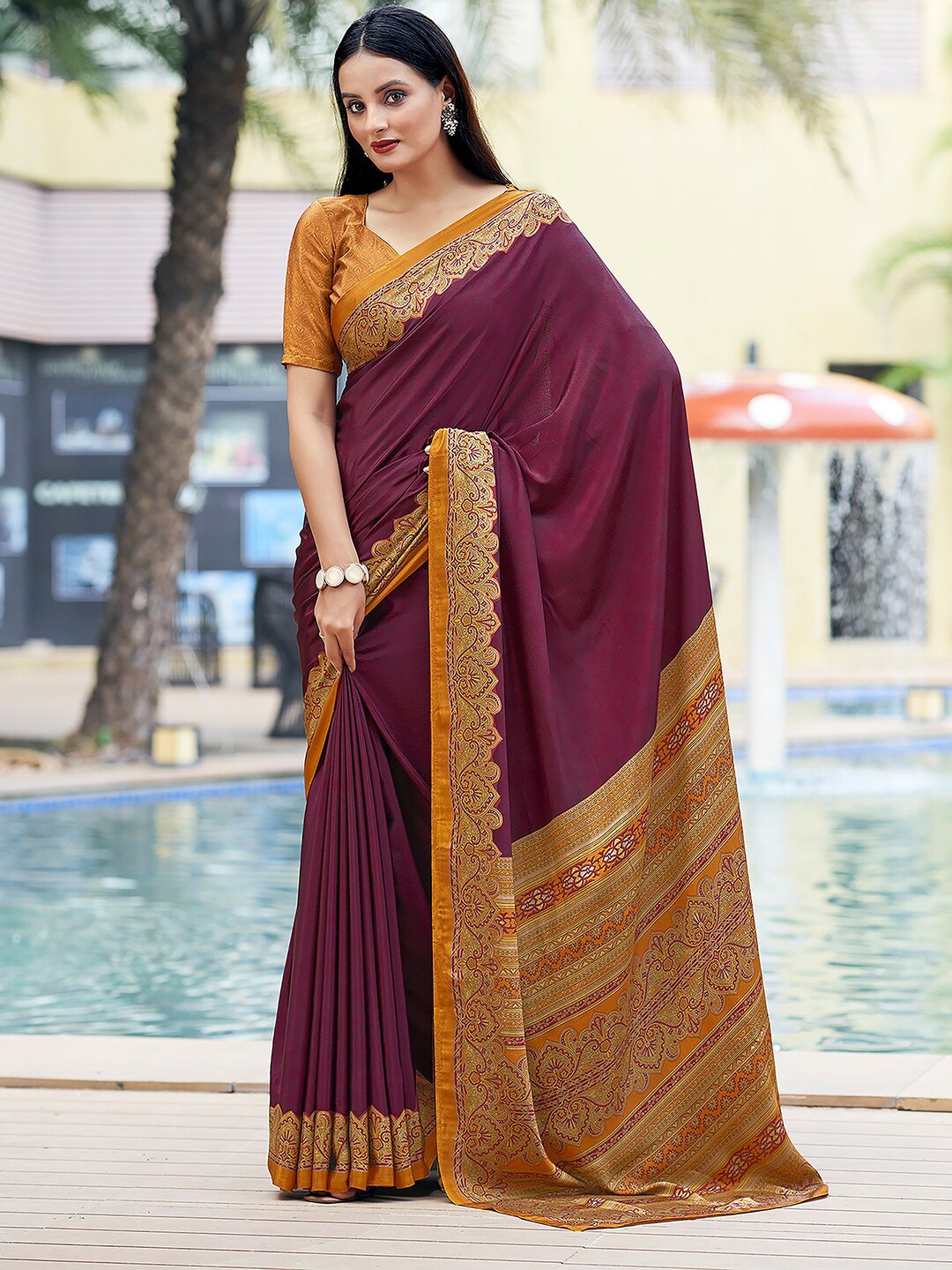 

Mitera Ethnic Motifs Printed Maheshwari Saree, Purple