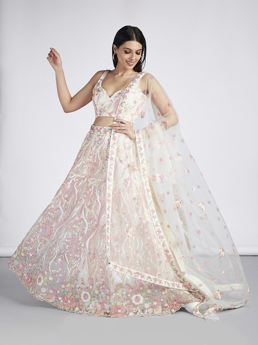 

panchhi Embroidered Sequinned Net Semi-Stitched Lehenga & Unstitched Blouse With Dupatta, Cream