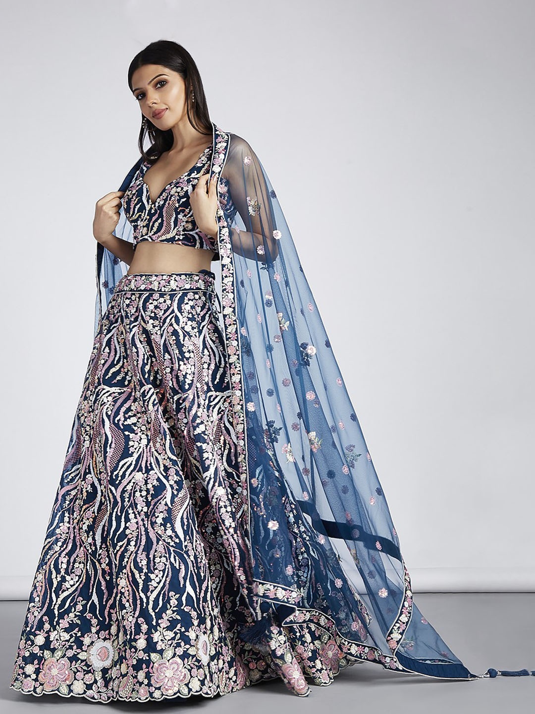 

panchhi Embroidered Sequinned Semi-Stitched Lehenga & Unstitched Blouse With Dupatta, Navy blue