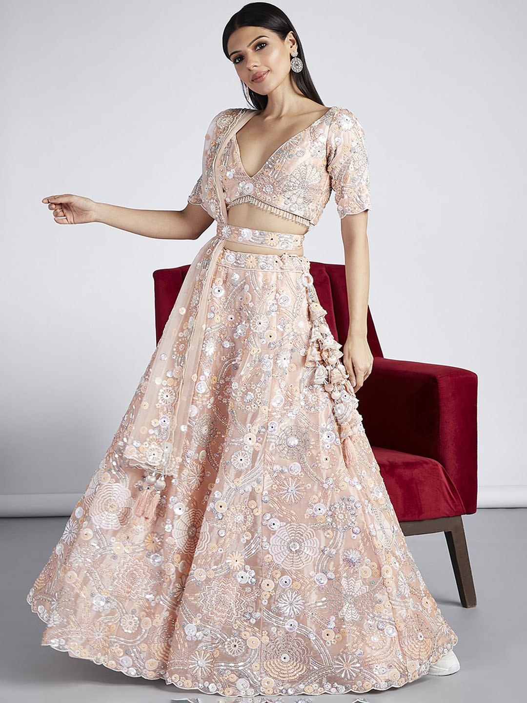 

panchhi Embroidered Sequinned Semi-Stitched Lehenga & Unstitched Blouse With Dupatta, Peach
