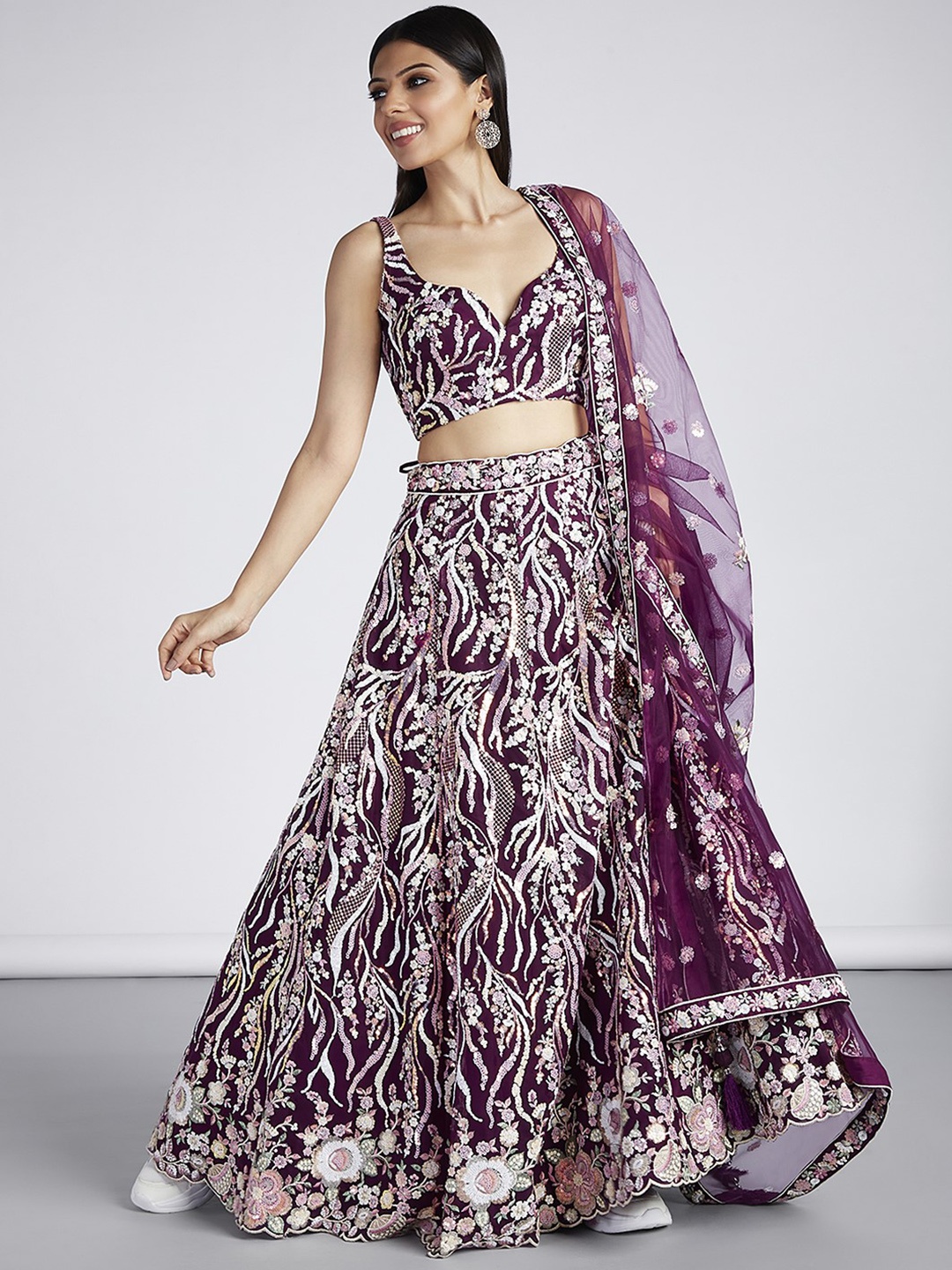 

panchhi Embroidered Sequinned Semi-Stitched Lehenga & Unstitched Blouse With Dupatta, Burgundy