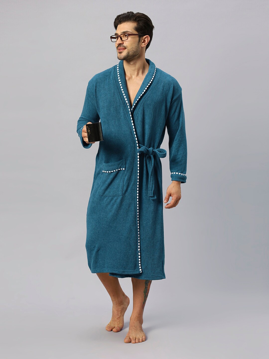 

HotGown V Neck Long Sleeves Tie Ups Terry Cotton Bath Robe, Teal