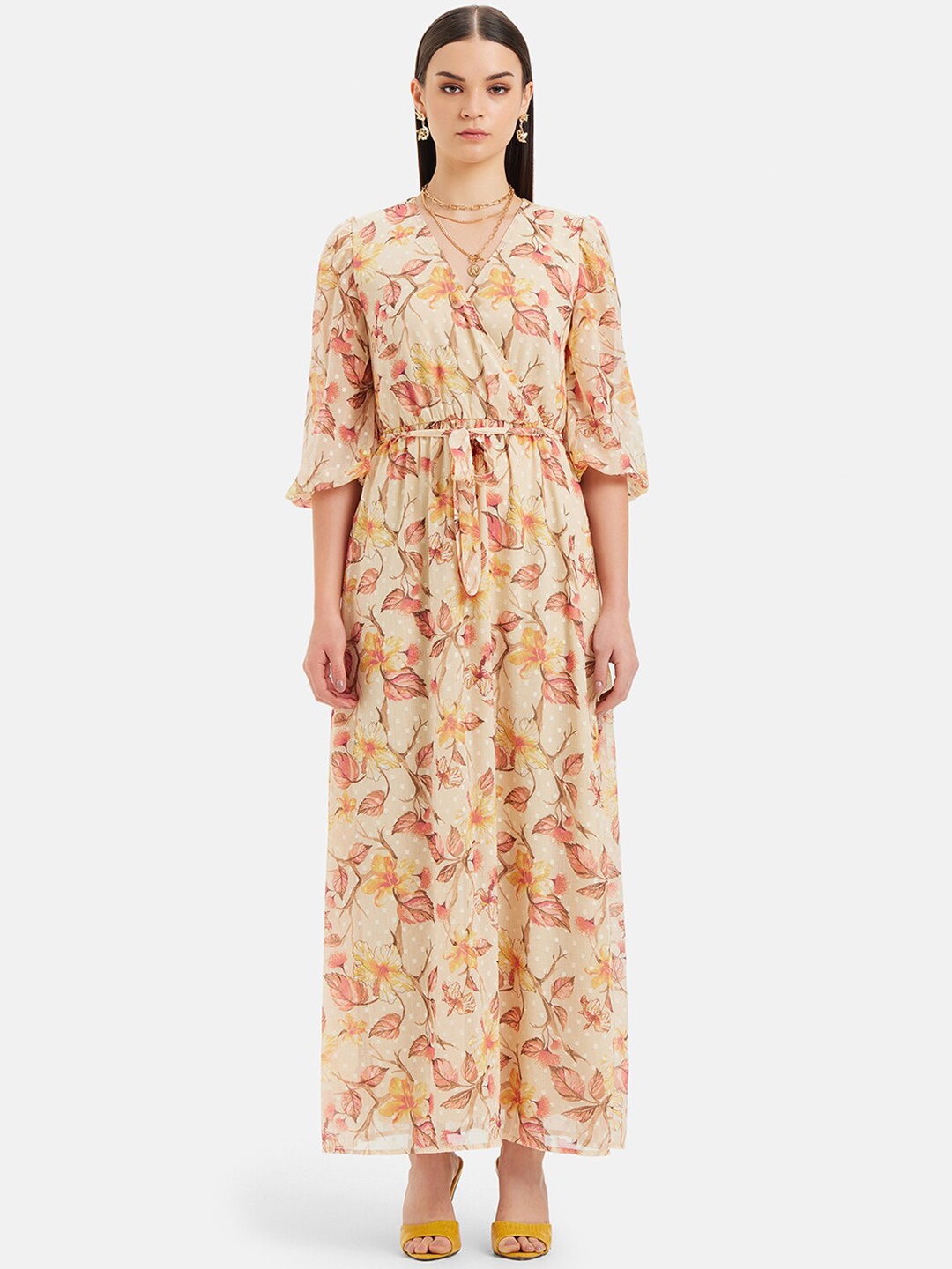 

Kazo Yellow Floral Printed Wrap Maxi Dress