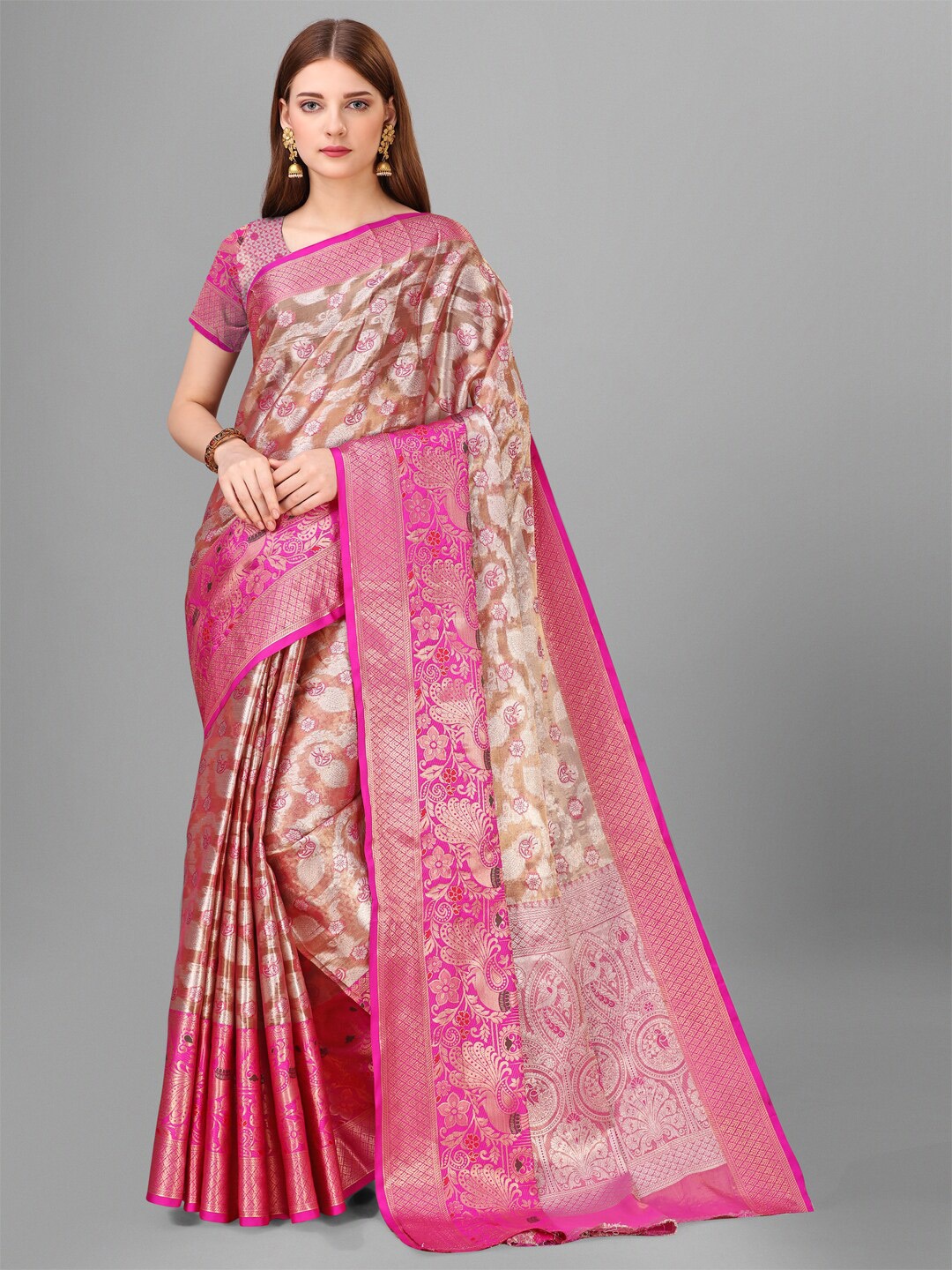 

Vilochan Woven Design Zari Tissue Banarasi Saree, Pink