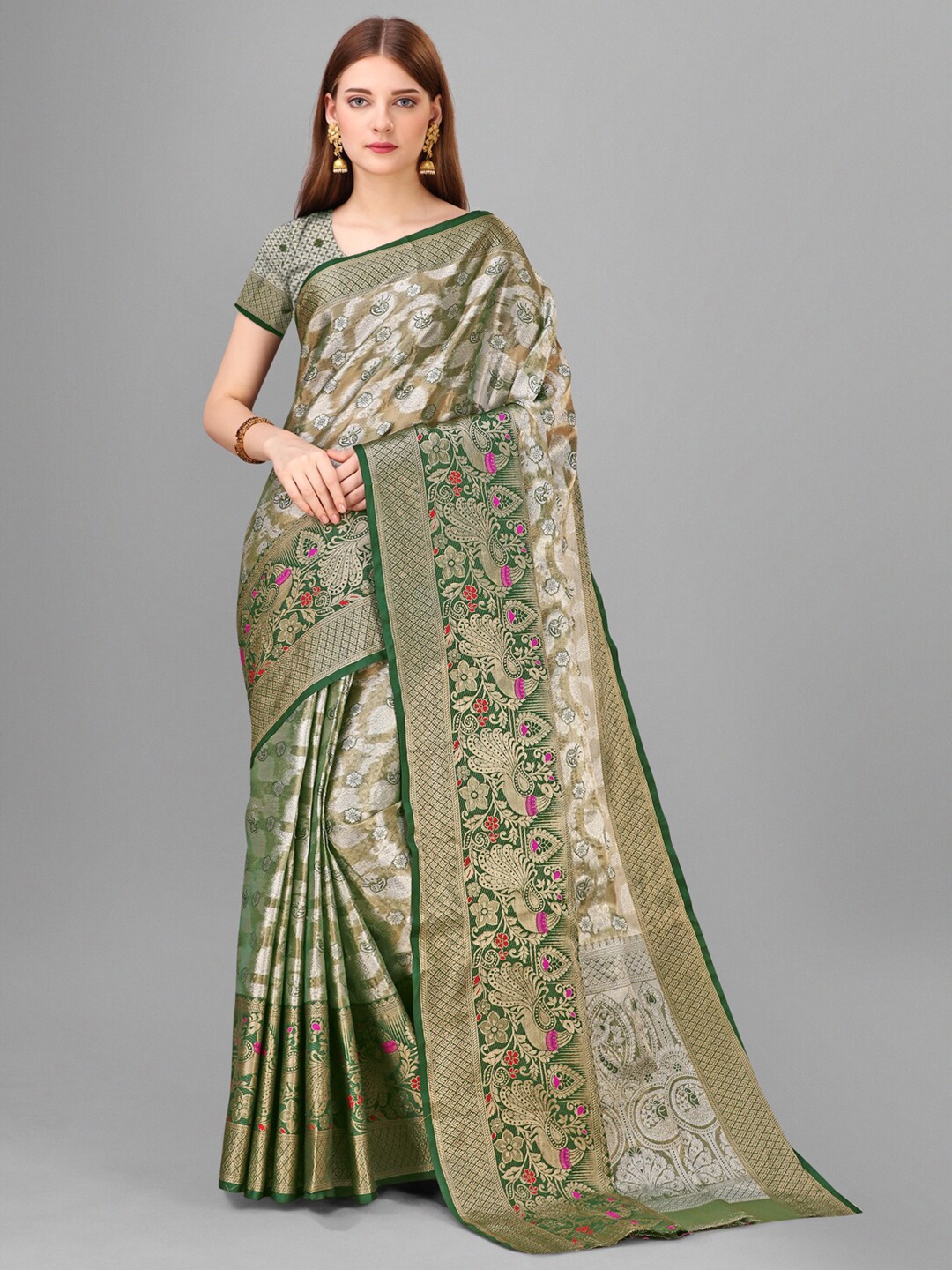 

Vilochan Woven Design Zari Tissue Banarasi Saree, Green