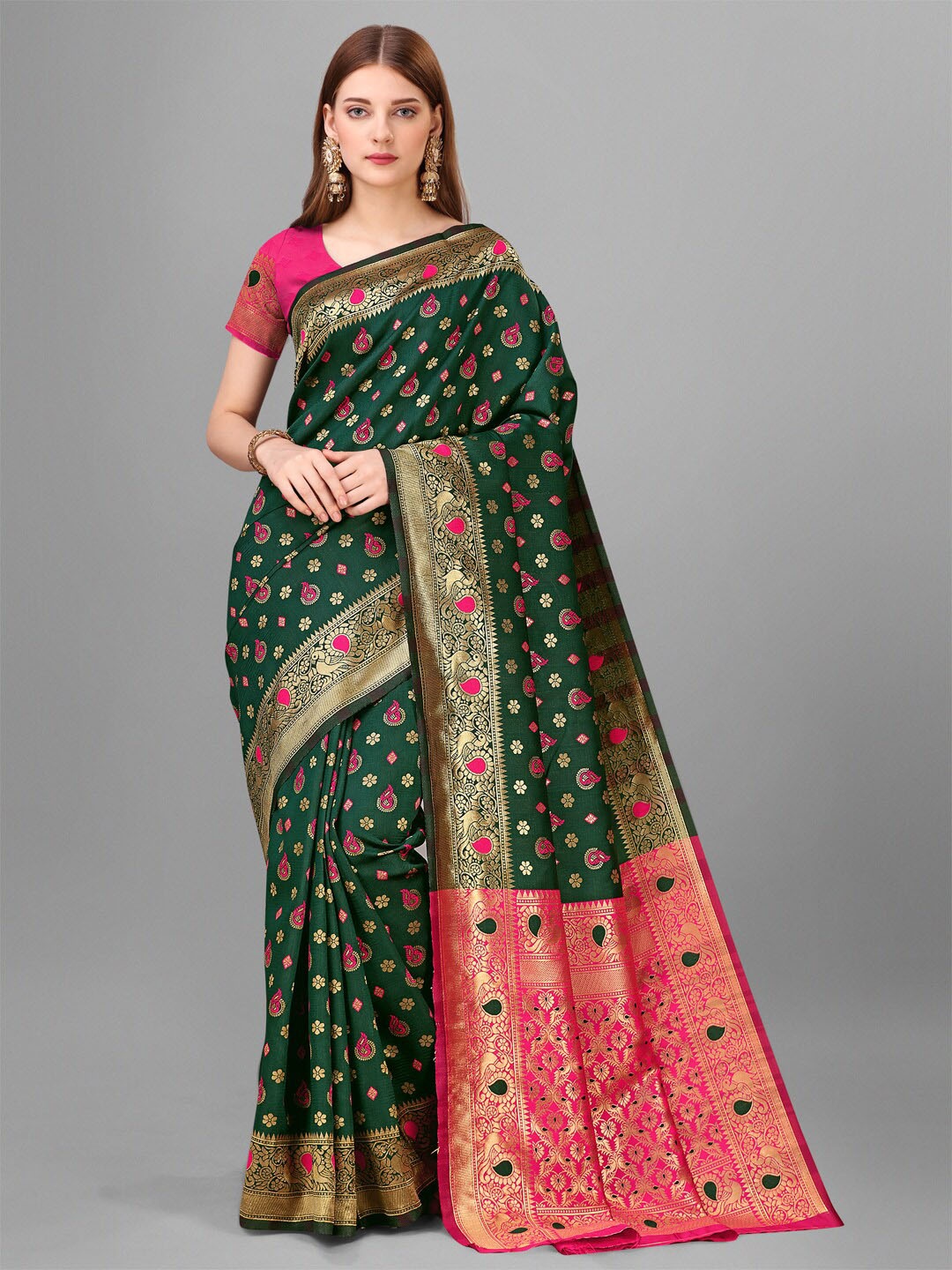 

Vilochan Woven Design Zari Pure Silk Banarasi Saree, Green