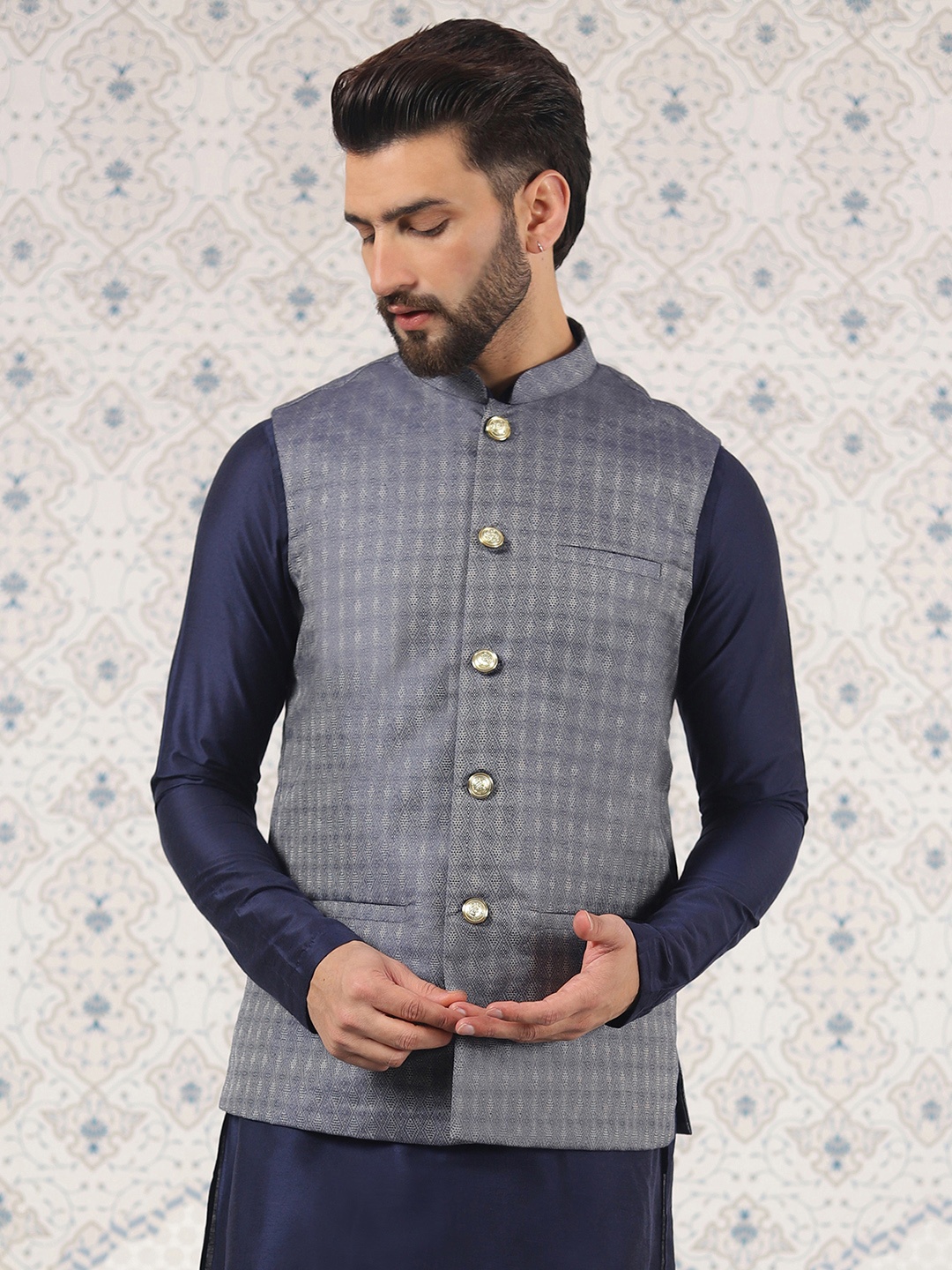 

Ode by House of Pataudi Woven Design Mandarin Collar Nehru Jackets, Grey