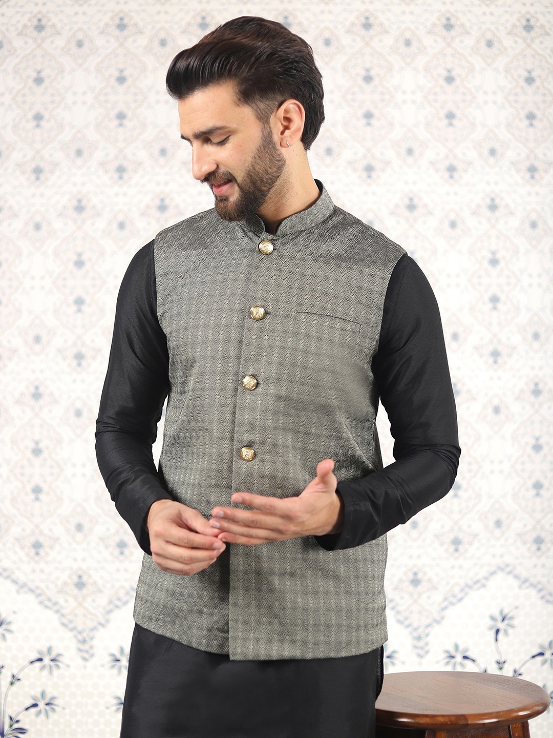 

Ode by House of Pataudi Woven Design Mandarin Collar Nehru Jackets, Grey