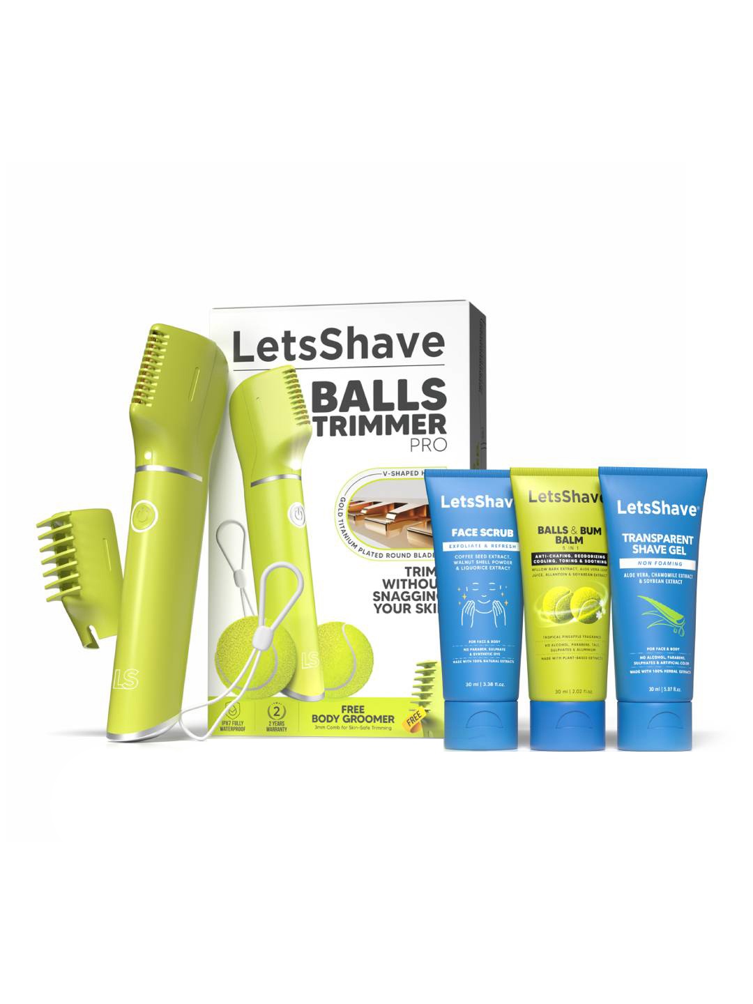 

LetsShave Set Of 4 Balls Trimmer-Balls Balm-Transparent Shave Gel-Face Scrub, Yellow