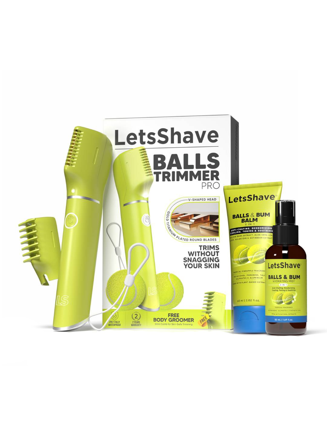 

LetsShave 3-Pcs Balls Trimmer-Balls Balm & Hydrating Mist Combo, Yellow
