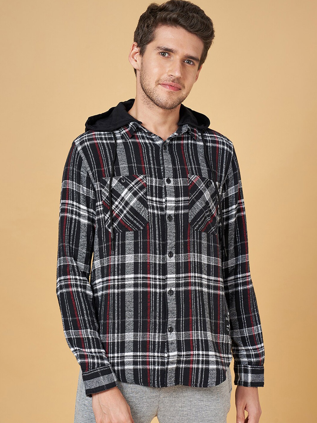 

Street 808 by Pantaloons Tartan Checked Spread Collar Long Sleeves Cotton Casual Shirt, Black