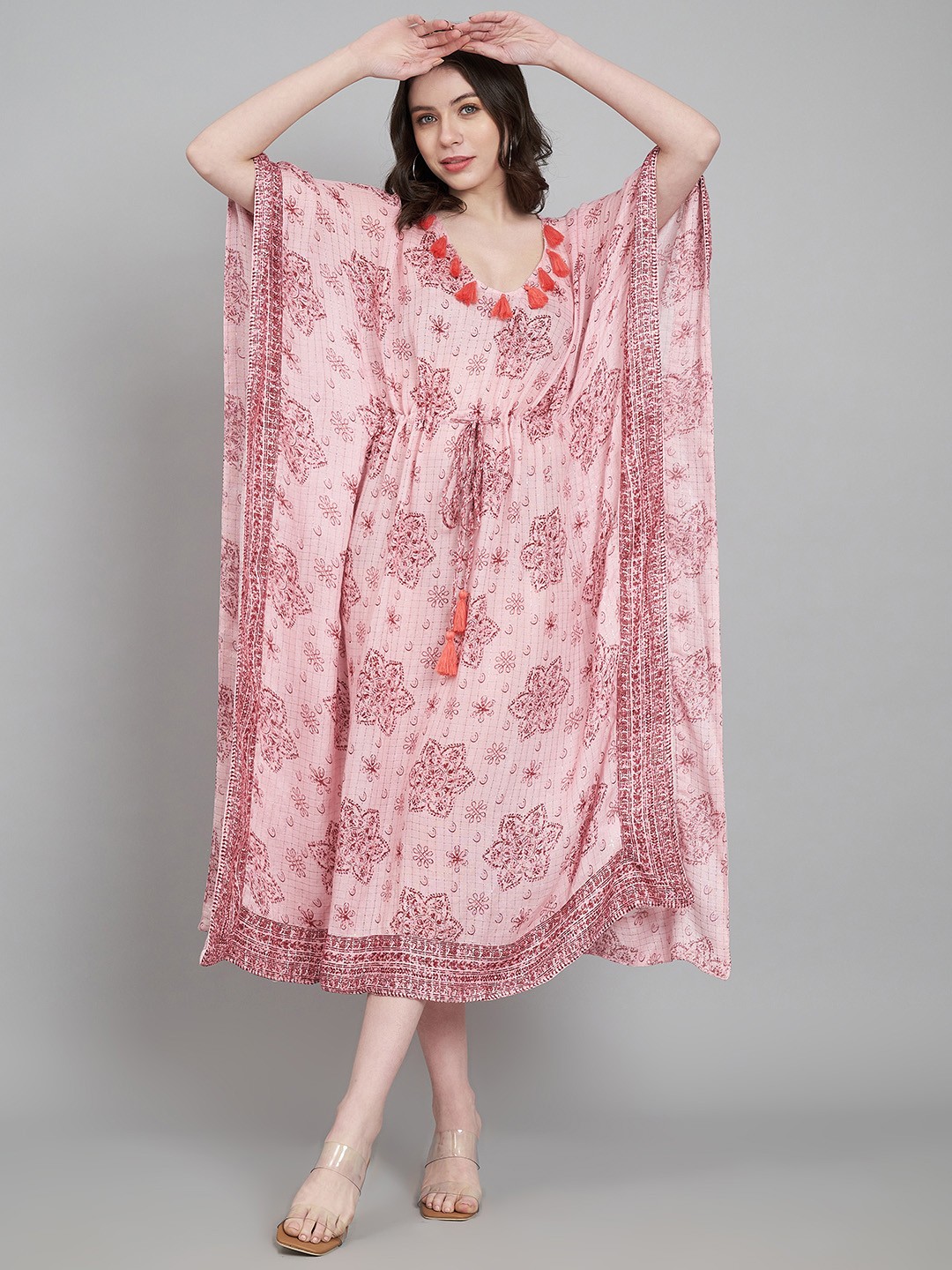 

Amagyaa Floral Printed V-Neck Slit Sleeve A Line Cotton Midi Dress, Pink