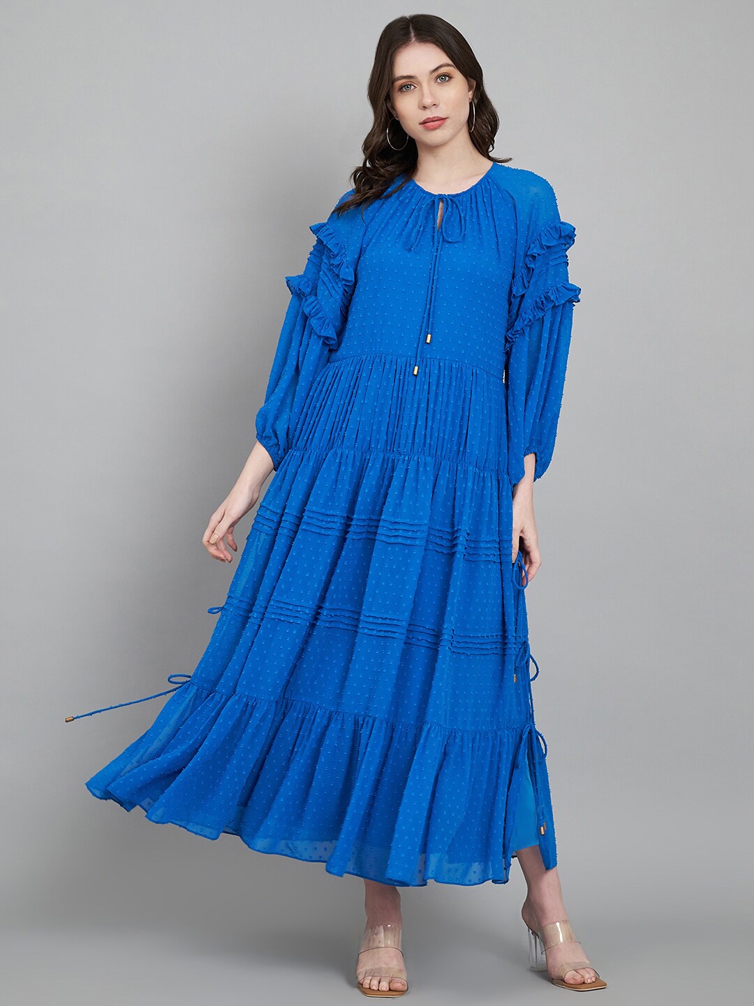 

Amagyaa Checked Tie-Up Neck Puff Sleeve Maxi Dress, Blue