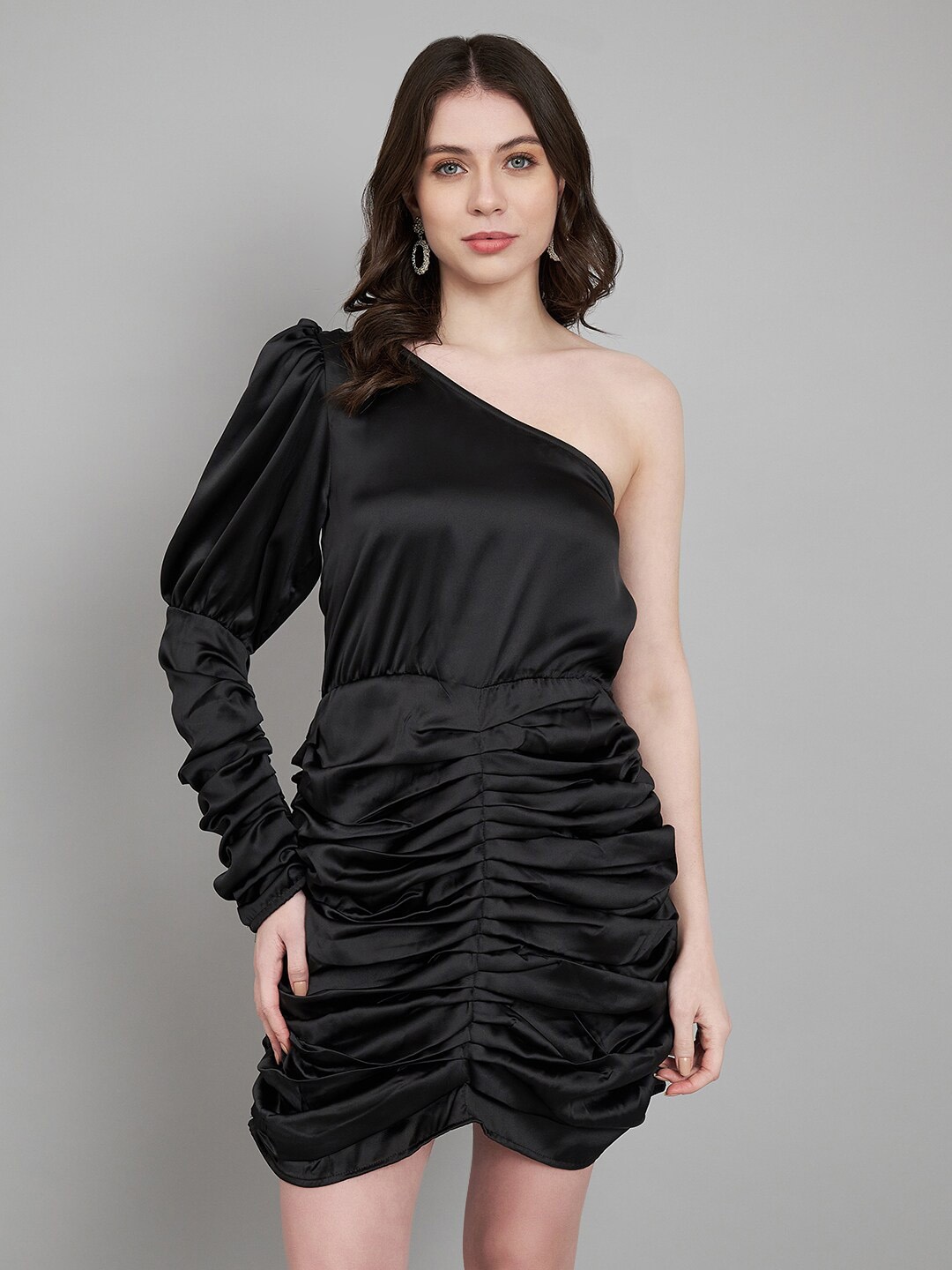 

Amagyaa One Shoulder Puff Sleeve Gathered or Pleated Asymmetric Mini Sheath Party Dress, Black