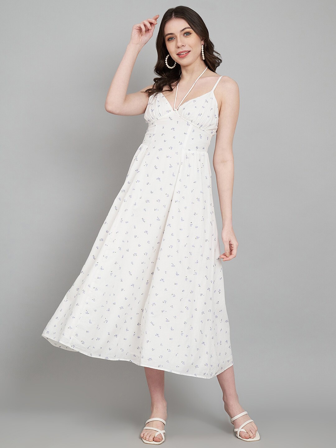 

Amagyaa Floral Printed Shoulder Straps A-Line Midi Dress, White