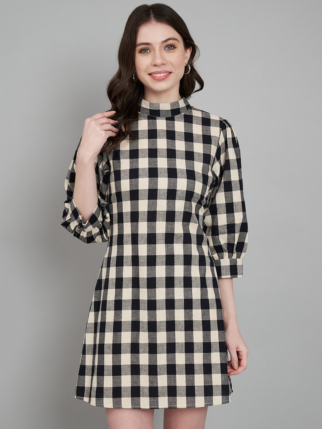 

Amagyaa Checked Mock Neck Puff Sleeve A-Line Cotton Dress, Black