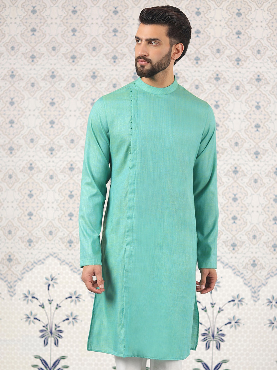 

Ode by House of Pataudi Band Collar Cotton Jacqurad Kurta, Green