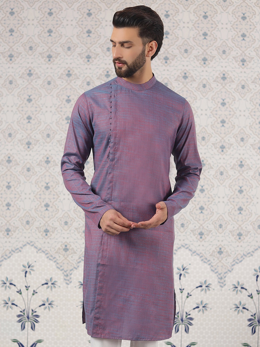 

Ode by House of Pataudi Band Collar Jacquard Weave Straight Kurta, Purple