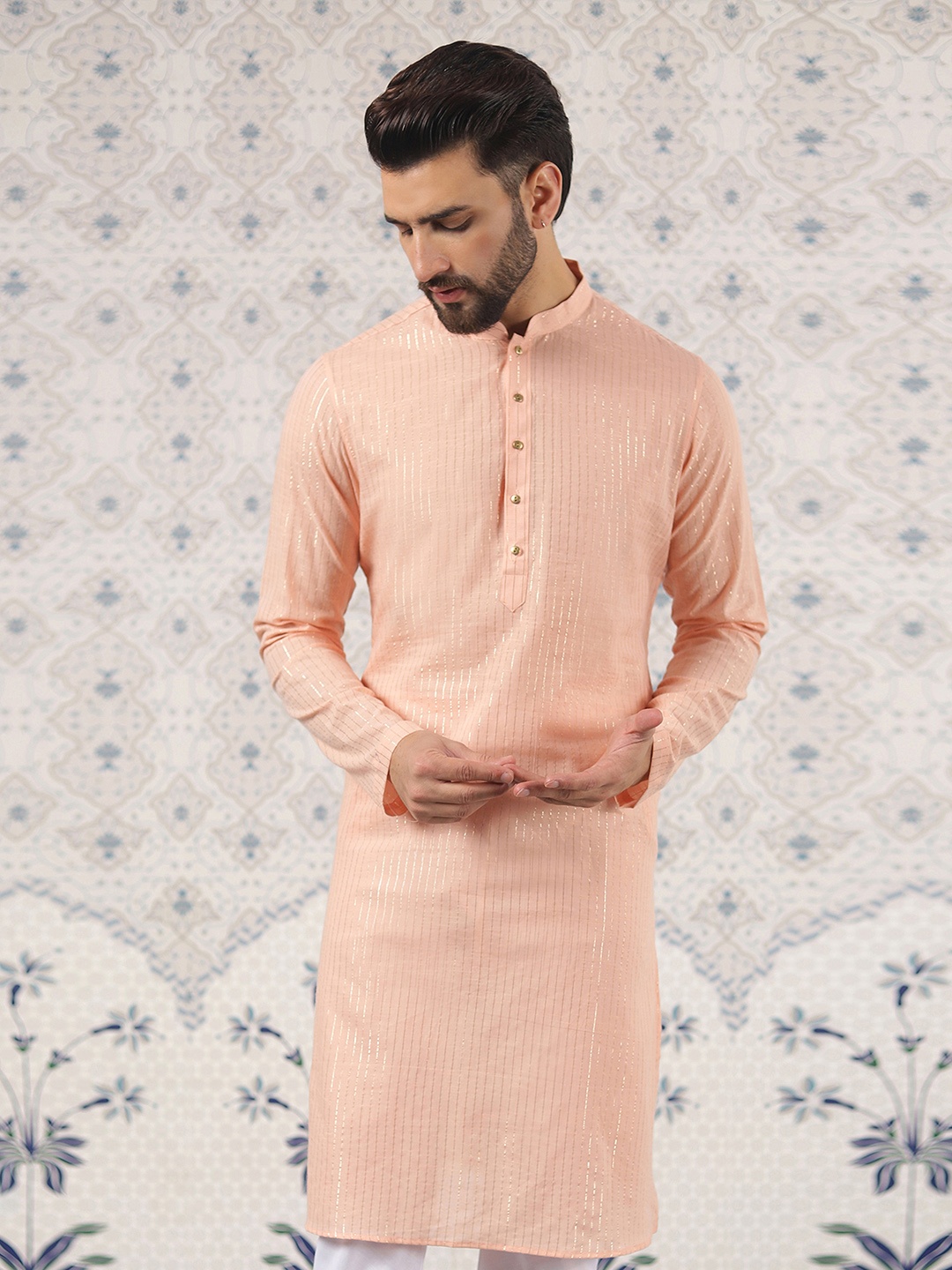 

Ode by House of Pataudi Striped Mandarin Collar Jacquard Weave Kurta, Peach
