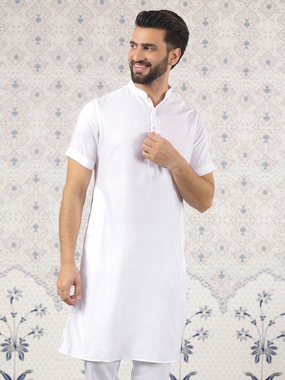 

Ode by House of Pataudi Mandarin Collar Cotton & Silk Regular Kurta, White