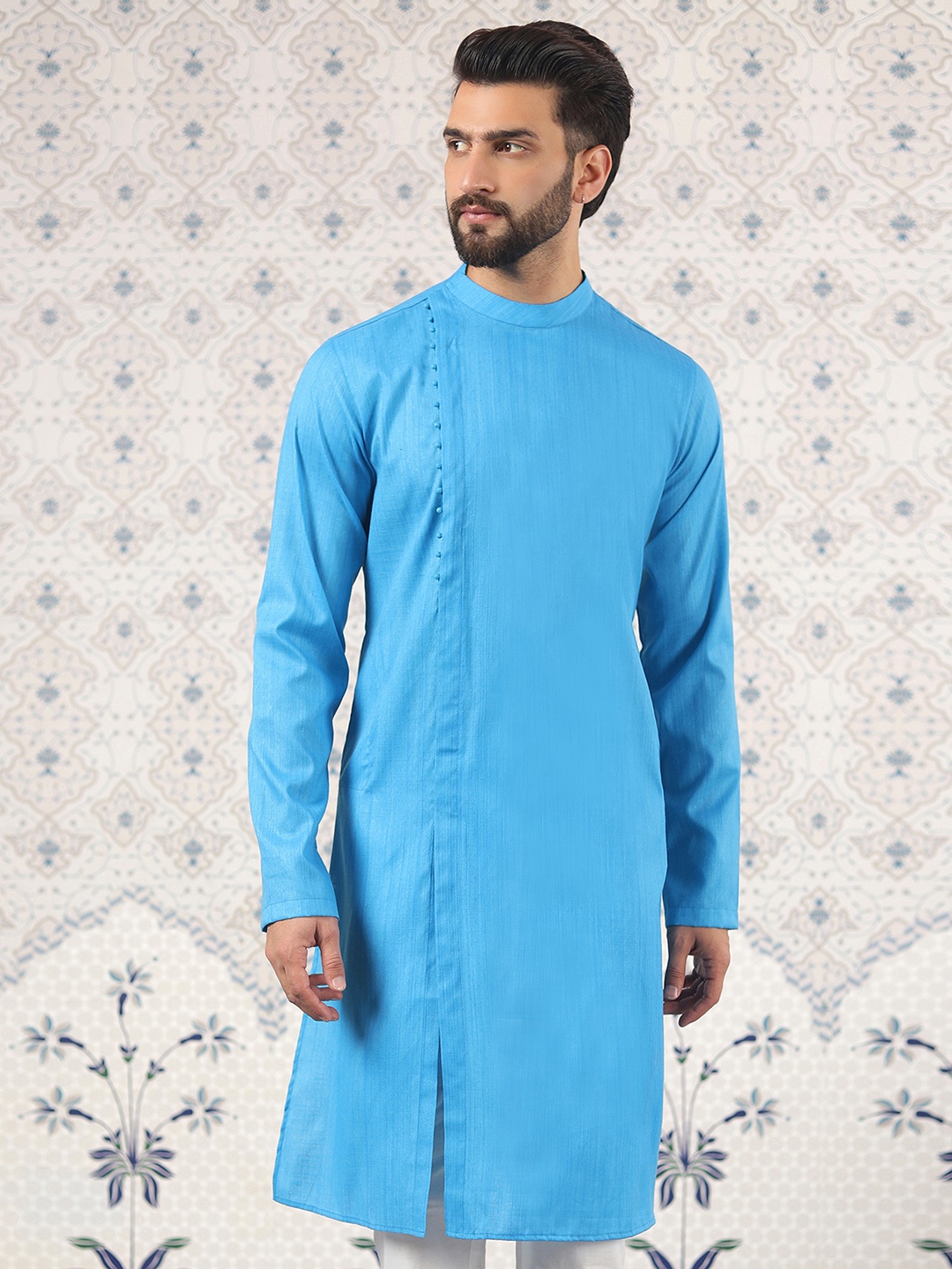 

Ode by House of Pataudi Mandarin Collar Jacquard Weave Straight Kurta, Blue