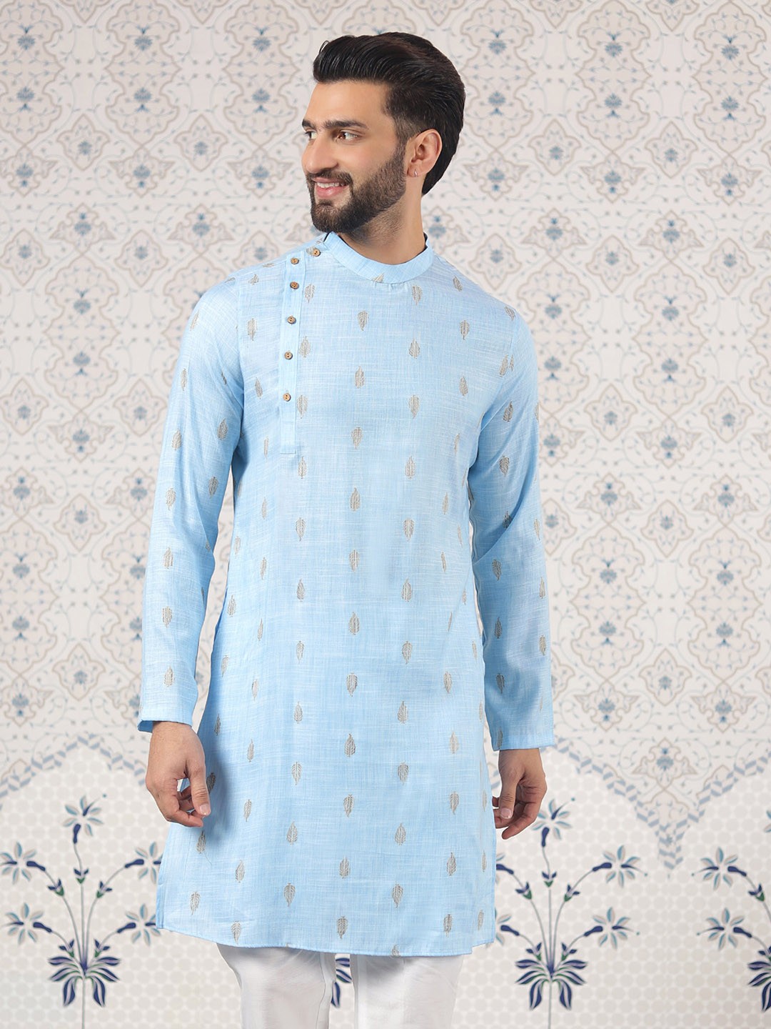 

Ode by House of Pataudi Floral Woven Design Mandarin Collar Jacquard Weave Kurta, Blue