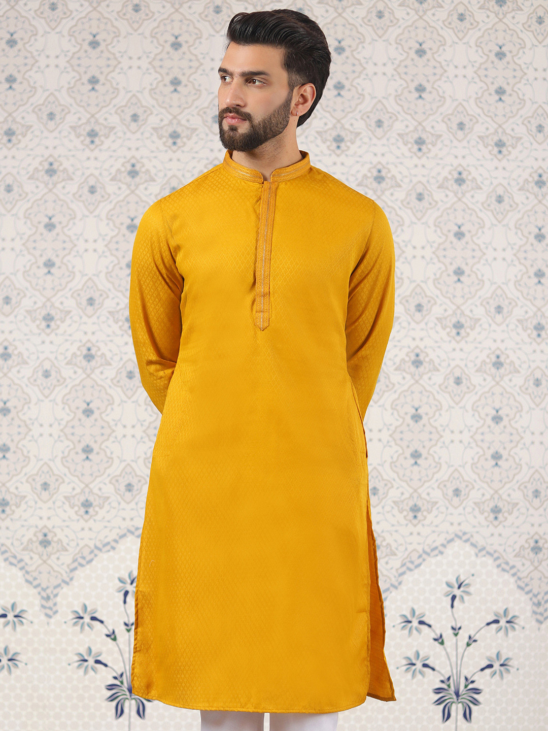 

Ode by House of Pataudi Yellow Geometric Printed Mandarin Collar Long Sleeves Cotton Kurta