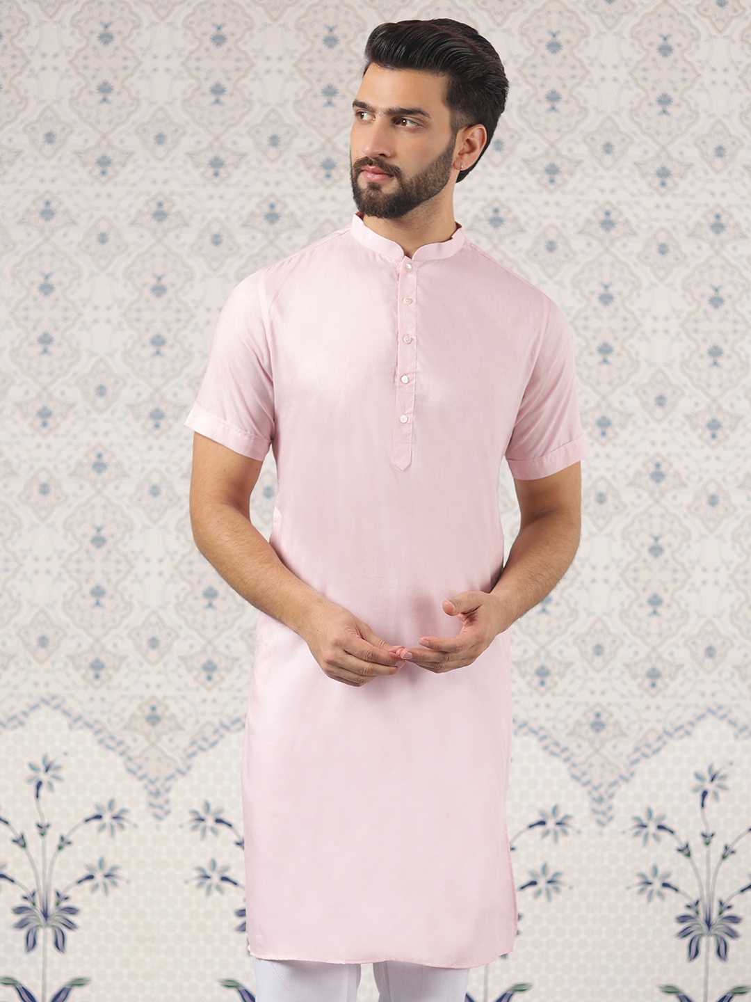 

Ode by House of Pataudi Pink Mandarin Collar Kurta