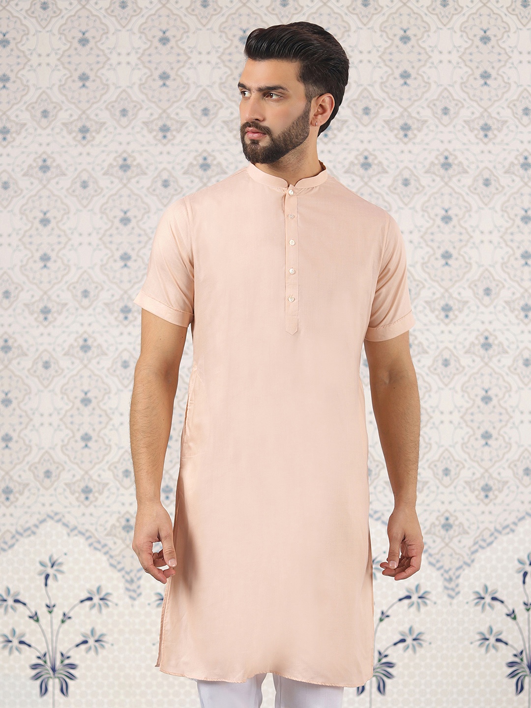 

Ode by House of Pataudi Peach Mandarin Collar Cotton Silk Straight Kurta