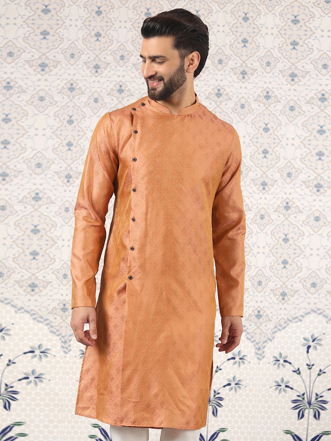 

Ode by House of Pataudi Peach Mandarin Collar Woven Design Jacquard Kurta