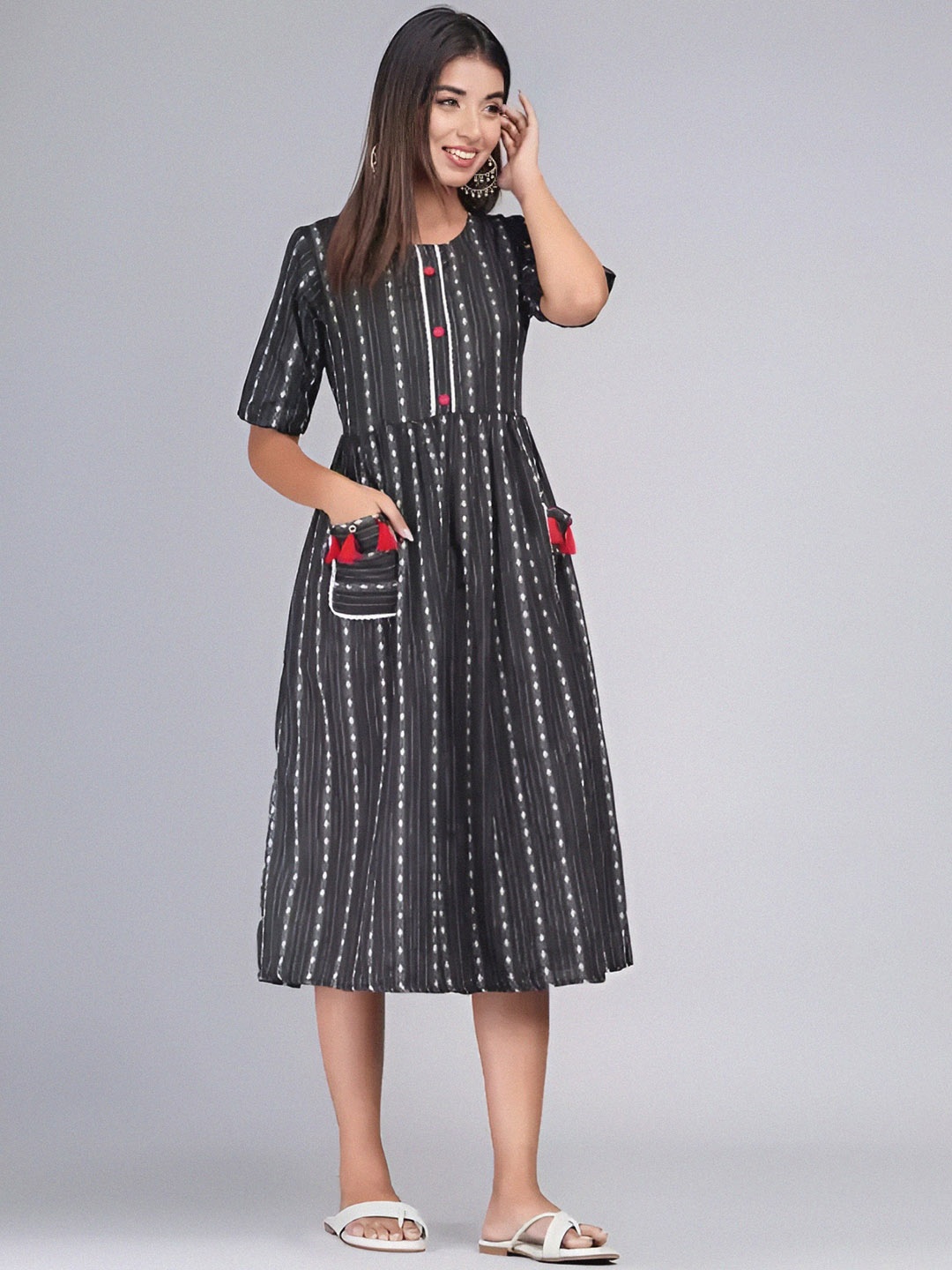 

KALINI Printed Pure Cotton Fit & Flare Midi Dress, Black